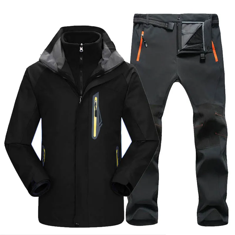 black gray TRVLWEGO водонепроницаемый лыжный костюм Мужская куртка лыжные брюки для прогулок мужские зимние уличные лыжные зимние сноуборд флисовая куртка брюки наборы - Цвет: black gray