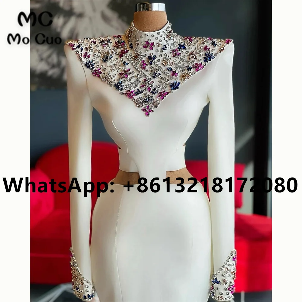 

2022 White Sheath Evening Dresses Prom Gown Knee Length Beaded Crystals Long Sleeve Elastic Satin Women Evening dress Customized
