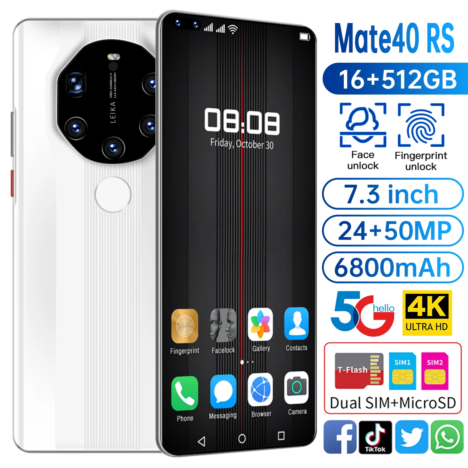 

7.3inch Left Digging Screen 5G Fingerprint Unlock Smartphone with 16GB+512GB for Huawei Mate40 RS Cellphone Samsung Mobile Phone