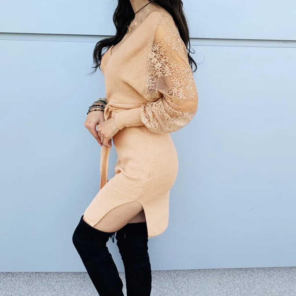 Сексуальное платье-свитер для женщин зимнее облегающее платье с длинным рукавом