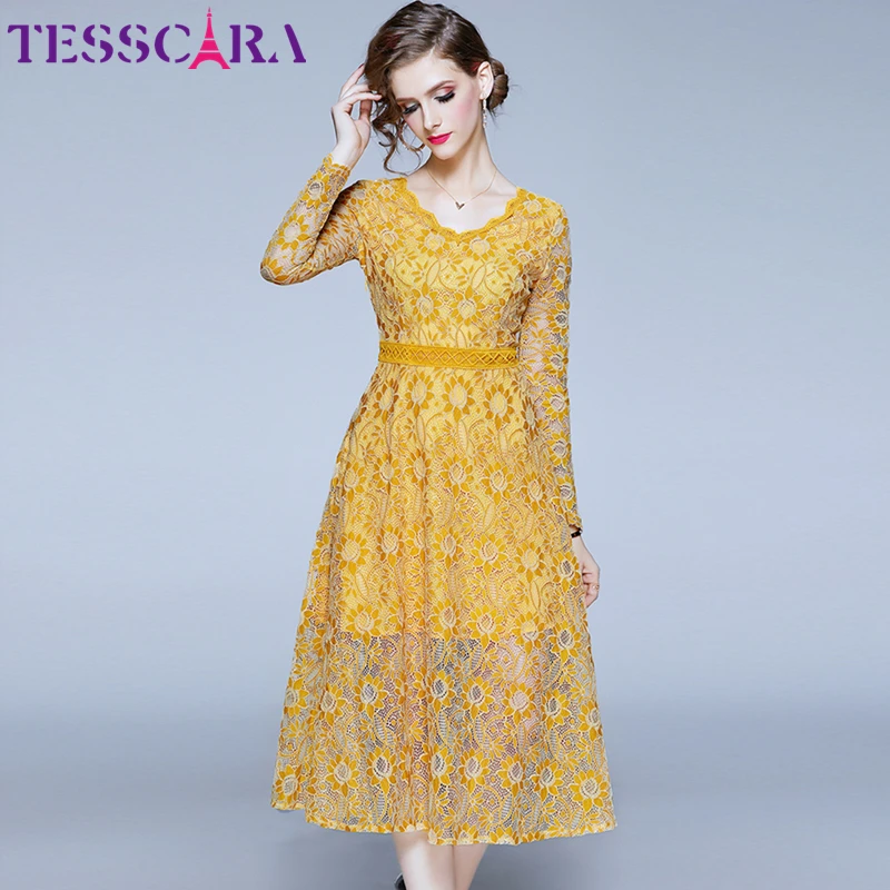 TESSCARA Women Elegant Yellow Lace Dress Female Wedding Party Robe High Quality V-neck Designer Flower Girl Cocktail Vestidos | Женская
