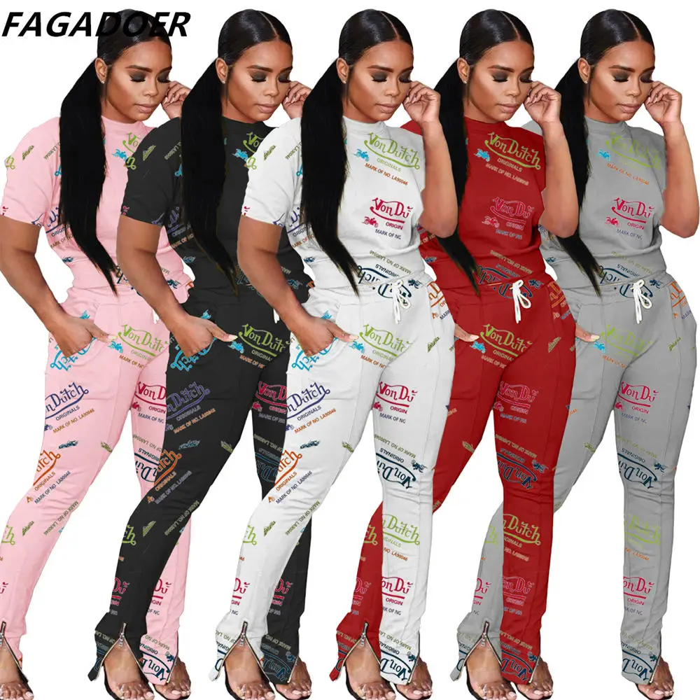 

FAGADOER Von Dutch Letter Print Fashion Two Piece Set Women Short Sleeve Tshirt And Pants Outfits Cacual 2pcs Tracksuits Suits