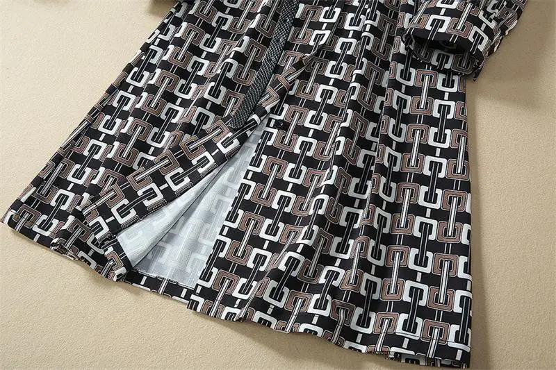 

Women Runway Dress 2020 High Quality Spring Summer Bow V-Neck Long Sleeve Belt Print Elegant Shirt Dresses Vestidos NP0888J