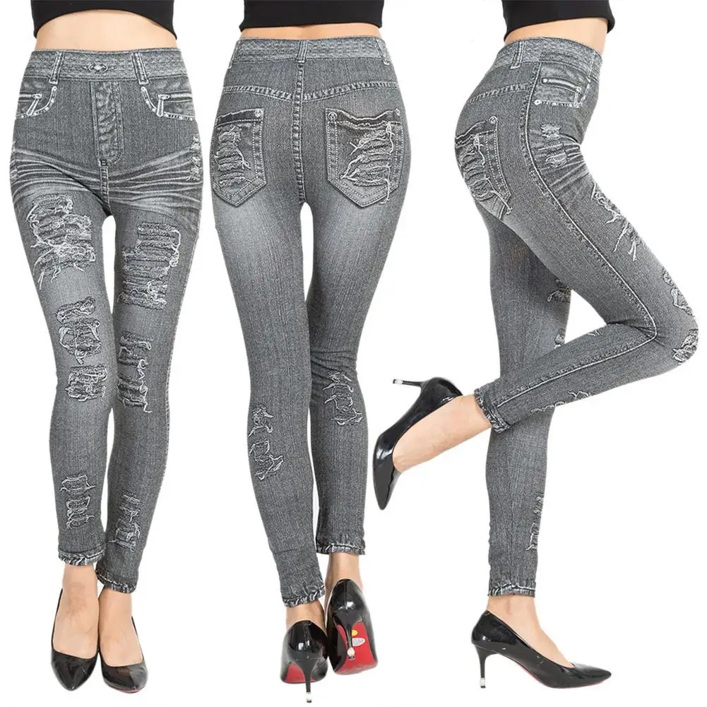 

80% New Arrival 2021!!! Women High Waist Faux Jeans Leggings Yoga Workout Skinny Tights Pants Trousers