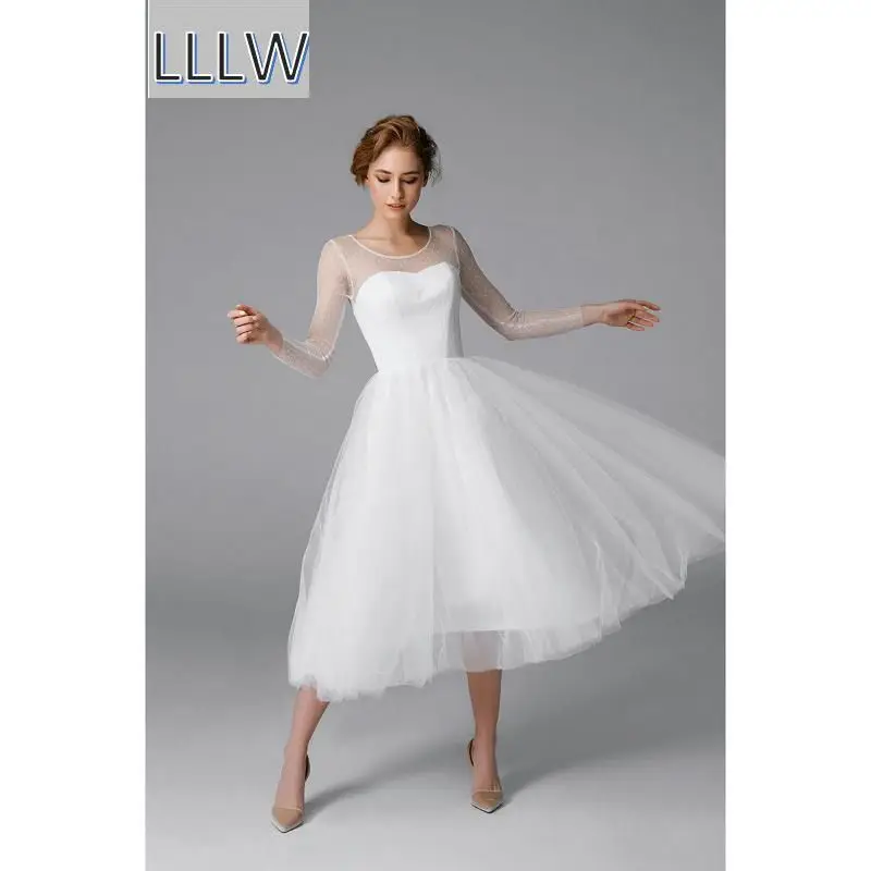

White Tulle Long Sleeves Short Mid- Calf A-Line Wedding Dress Custom Made Layered Skirt