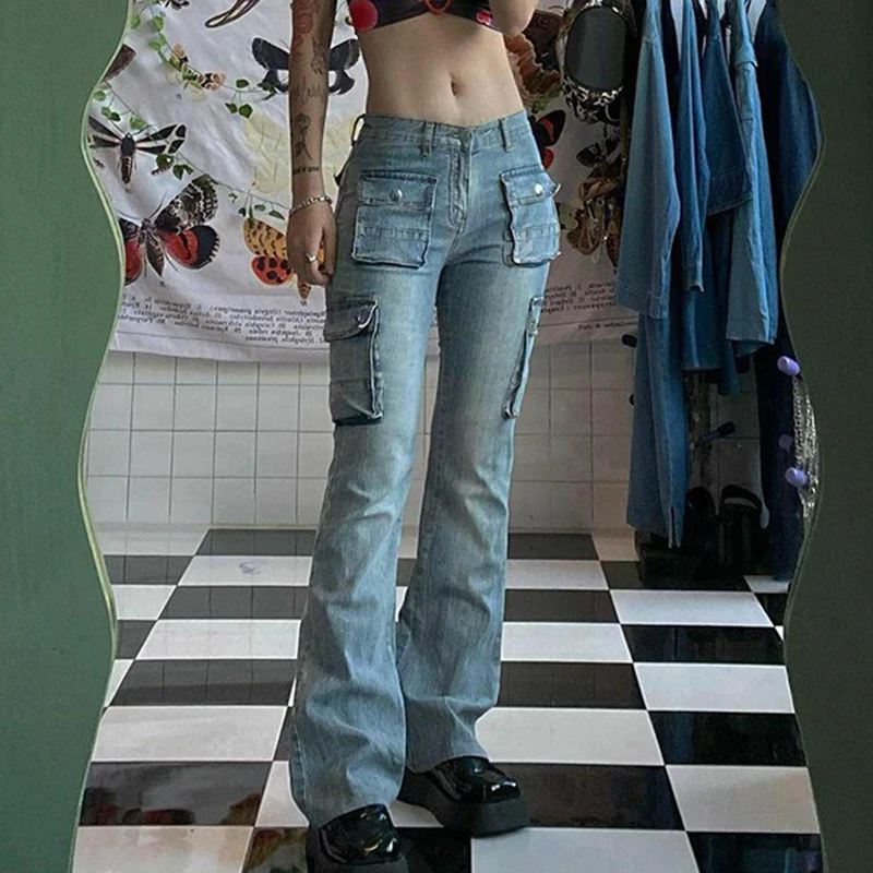 

Pantalones Cargo vaqueros de cintura alta para mujer, Jeans elásticos Y2k, ropa de calle Vintage, estética Grunge, 2023
