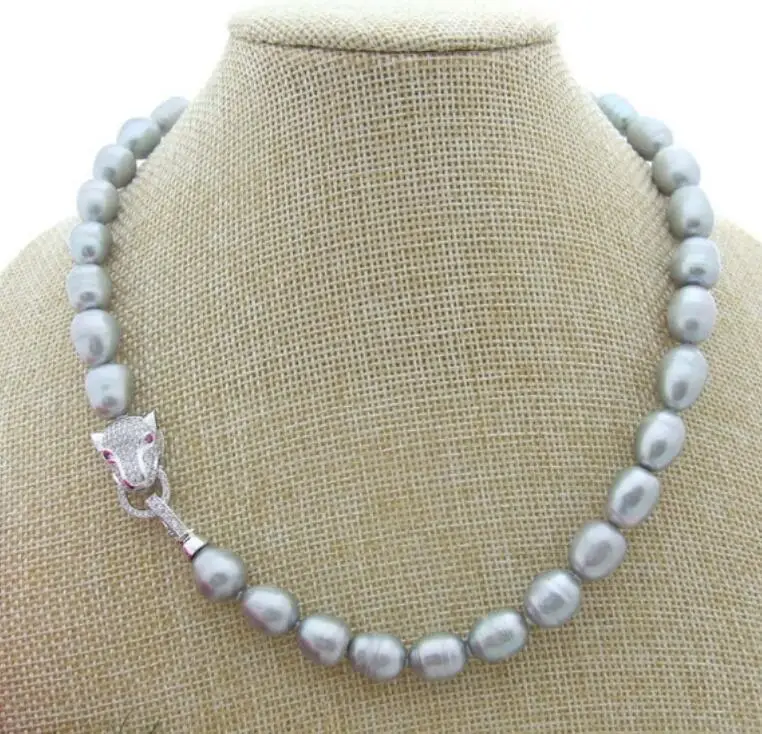 

Beautiful NEW STUNNING 11-12mm South sea Silver Gray Pearl Necklace 18inch Leopard head clasp