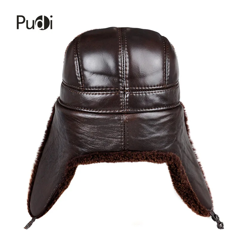 HL174-F genuine leather men's Bomber hats with earlflap Russian winter Faux  fur   Earmuffs caps  brown black colors