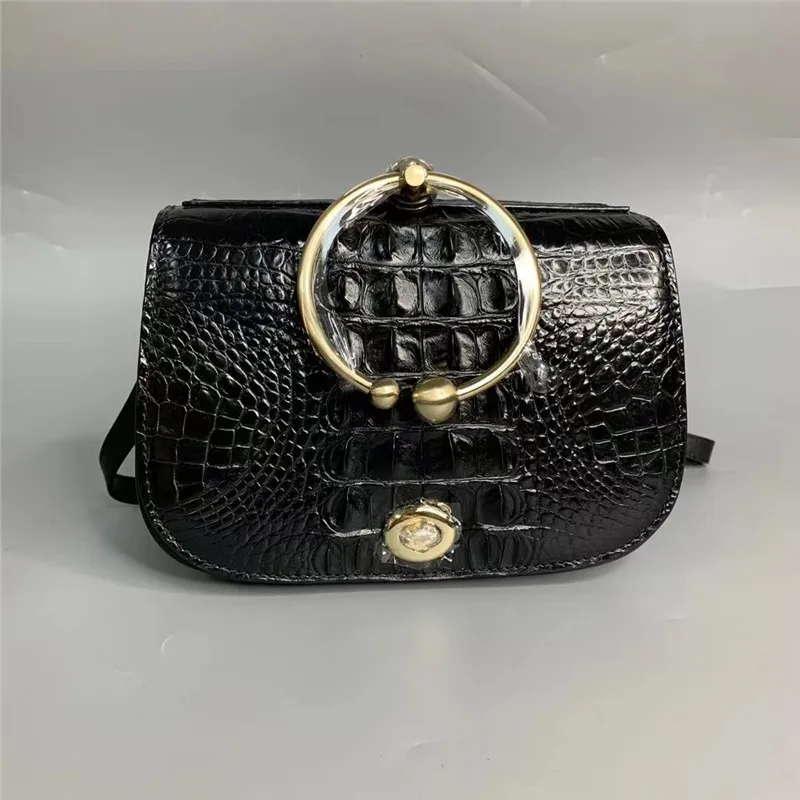 

Exotic Genuine Alligator Leather Round Handle Female Small Handbag Lady Saddle Purse Authentic Crocodile Skin Women Shoulder Bag