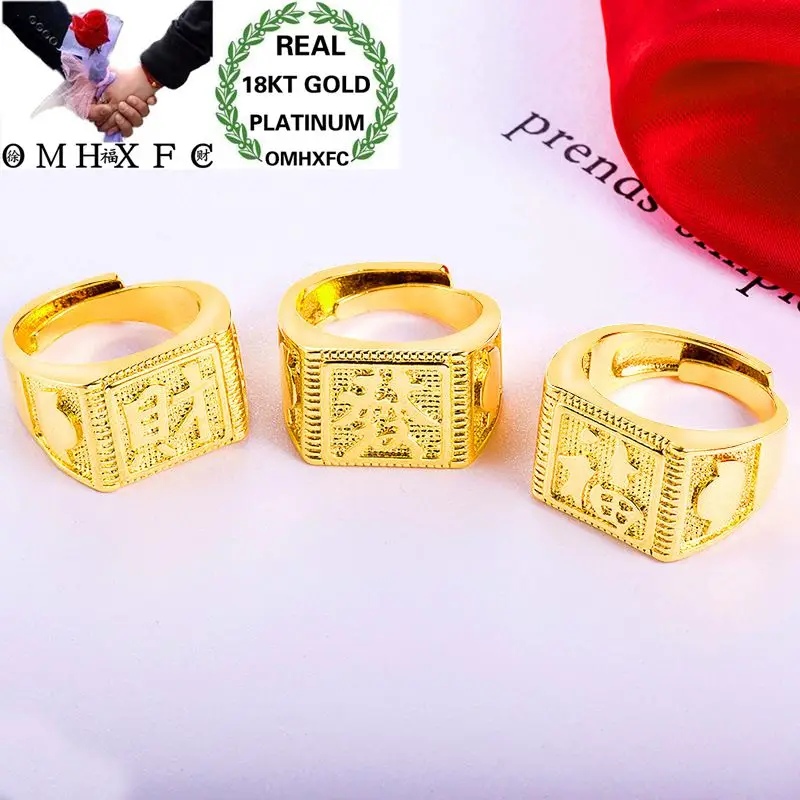 

OMHXFC Wholesale European Fashion Man Male Party Birthday Wedding Gift Square FA CAI FU Words Resizable 18KT Real Gold Ring RI93