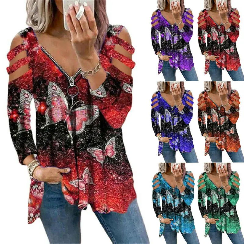 

Womens Tshirts Butterfly Printed V Neck Long Sleeve T-Shirt Casual Tops Gradient Hollow Out Shouler Women Sexy Tops