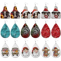 2021 cute santa claus print leather cow tag christmas earrings for women girl america new year christmas gifts jewelry wholesale