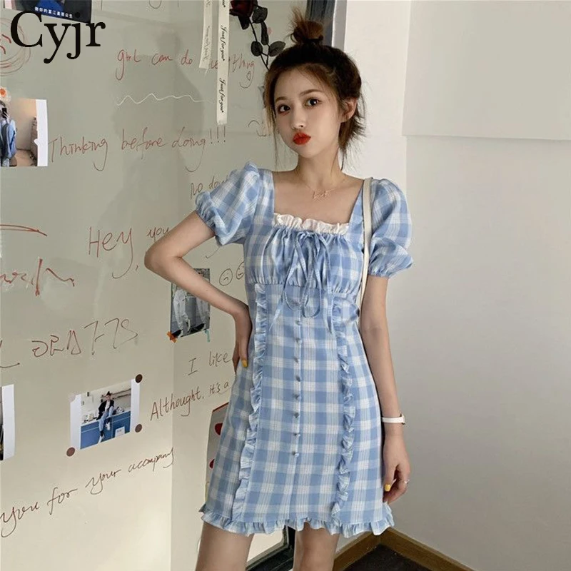 

Женское клетчатое мини-платье, элегантное винтажное стильное платье в Корейском стиле с короткими рукавами-фонариками, оборками и шнуровко...