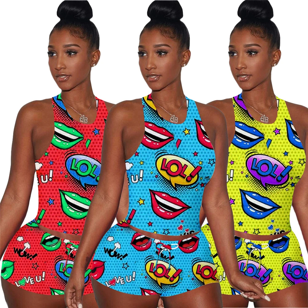 

Zh8509 popular eBay Europe and the United States summer tight leisure sports women's cartoon print vest two sets of stock direct