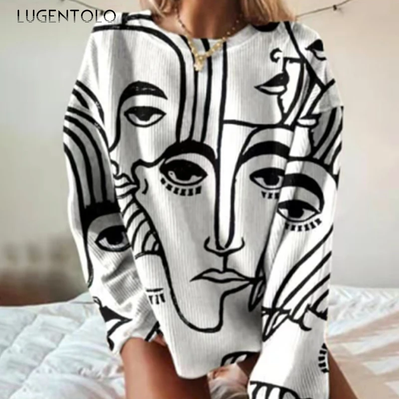 

Loose Sweatshirt Women Spring Autumn Abstract Print Thin Top Female Casual Round Neck Street Fashion Sweatshirts