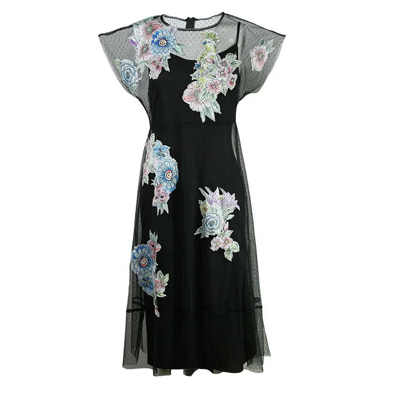 

Summer Fashion New Elegant Women's round Neck Short Sleeve See-through Applique Mesh Slim Fit Dress Mid-Length