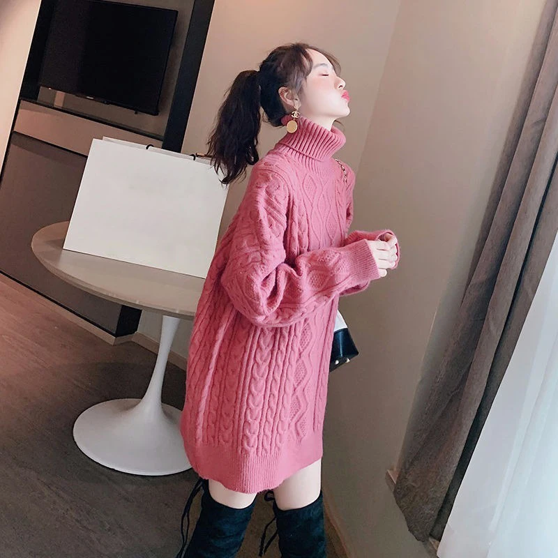 

Sweater Vintage Twist Thick Solid Color Turtleneck Sweater Women Loose 2021 New Lazy Wind Large Size Knitted Bottoming Shirt