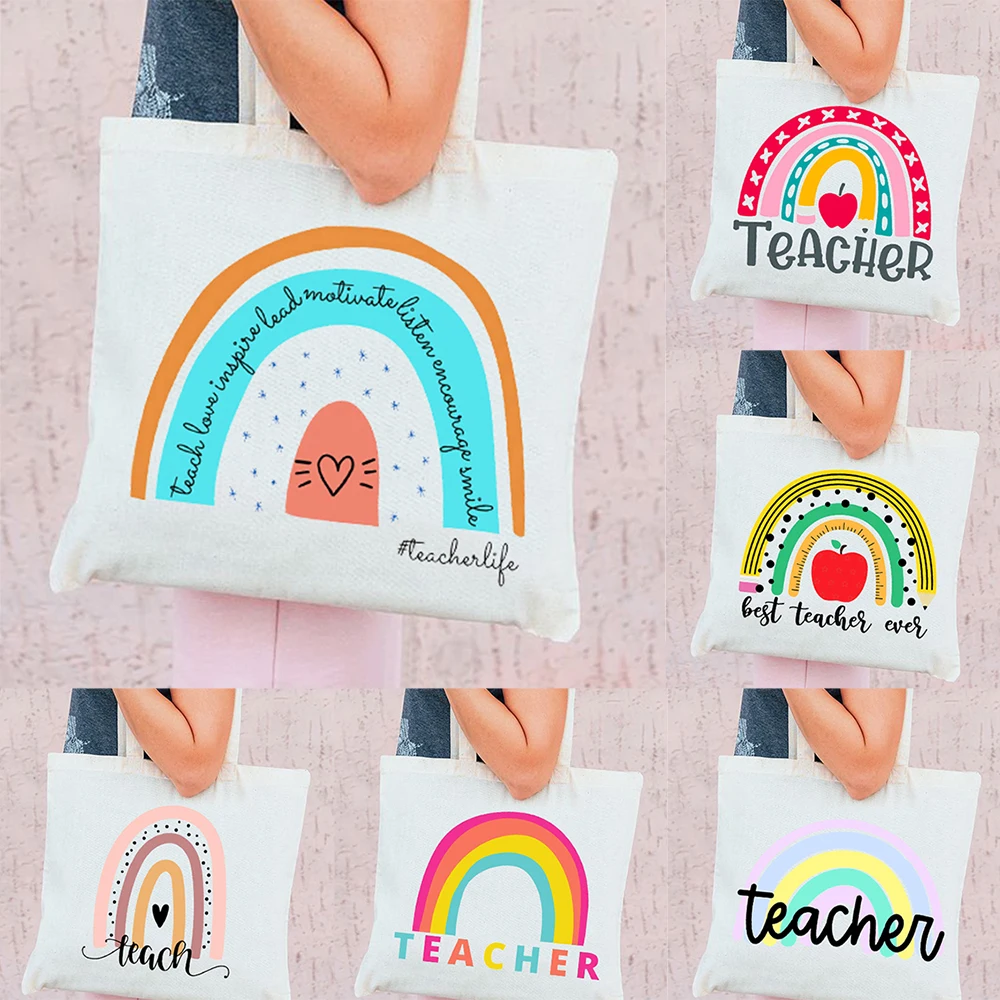 

Best Teacher Ever Rainbow Women Canvas Shopping Bag Teacher Life Reusable Aesthetic Eco Tote Shoulder Bags Storage Travel Gift