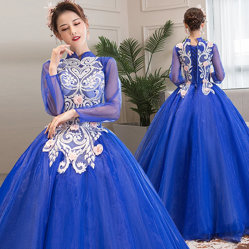 Бальное платье Quinceanera с длинным рукавом темно синее 15 милых 16 пышных платьев