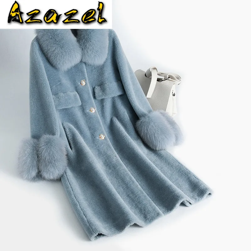 

100% Wool Jacket Fox Collar Real Fur Autumn Winter Coat Women Clothes 2020 Korean Sheep Shearling Suede Lining ZT3481