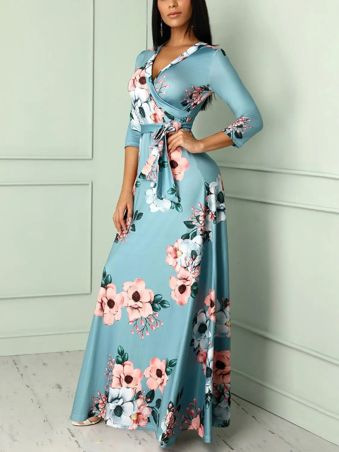 

Fashion Plus Size Print V-Neck Long Dress For Women Summer 2020 Sexy Three Quarter With Sashes Dresses Ladies Cotton Dress S-5XL