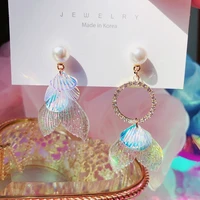 mengjiqiao new holiday sea jewelry acrylic shell fishtail asymmetric drop earrings for women rhinestone circle boucle doreille