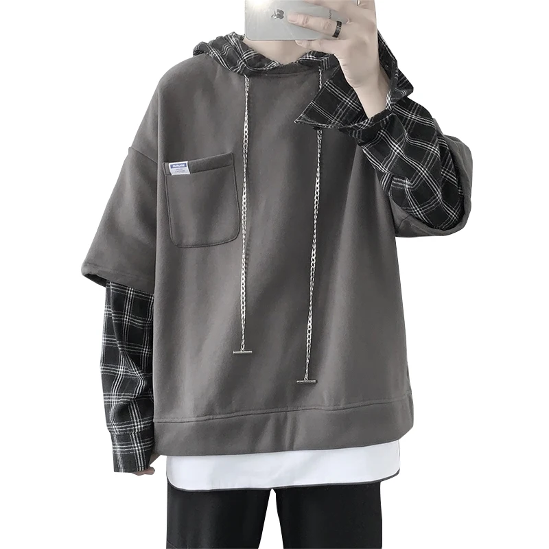 

Hip Hop Fake Two-Piece Oversized Plaid Hoodie 2021 Korean Clothes Kpop Fashion Sweatshirt Man Hoodies Ulzzang Streetwear Male