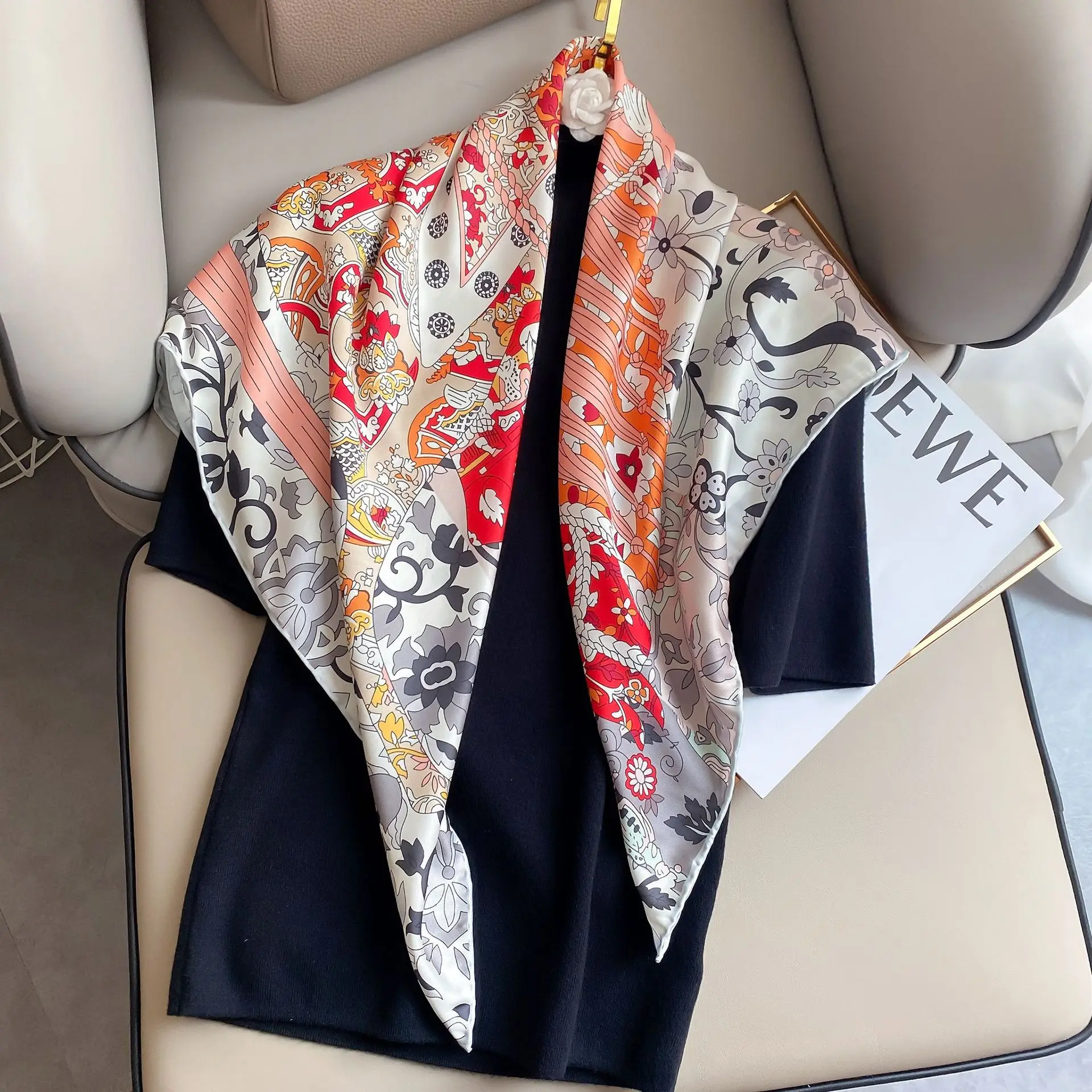 

Women's imitation silk 90cm large square scarf Twill floral print headscarf decorative shawl hand-rolled wild scarf
