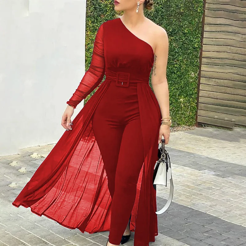 Women Fashion Elegant Long Sleeve Partywear Jumpsuits Formal Party Romper Sheer Mesh Slinky Party Jumpsuit