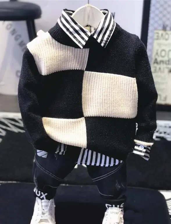 3pcs set Осенне-зимний спортивный костюм для маленьких мальчиков, комплект из 3 предметов, комплекты детской одежды, вязаный свитер+ рубашка+ джинсы, повседневный комплект одежды для мальчиков 2-6 лет - Цвет: 3pcs set