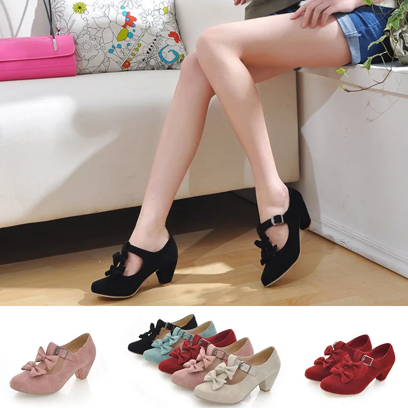 

Big Size 43 Spring Autumn Women Pumps Sweet Bow Knot Lolita Shoes Square Heel Round Toe Princess Dress Shoes Student Party Pumps