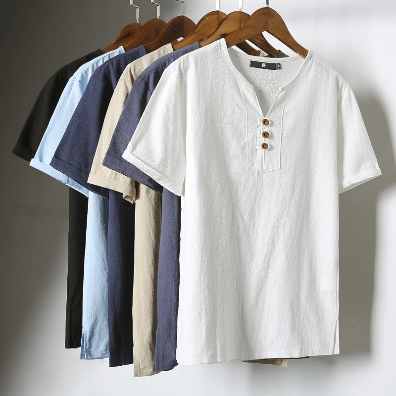 

QIWN Summer Short-sleeved T-shirt Men's Cotton and Linen Men's Short-sleeved Thin T-shirt Men's Summer Linen Short-sleeved