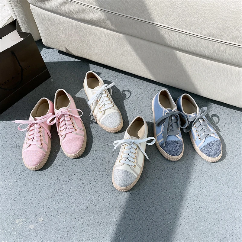 

Meotina Flats Shoes Woman Flat Lace up Shoes Round Toe Ladies Footwear 2021 Autumn Flats Fashion Shoes Blue White Size 34-39