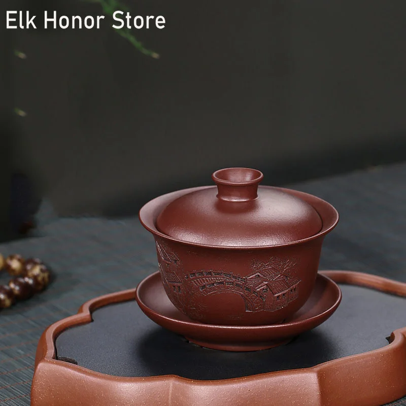

185ml Vintage Yixing Clay Tea Tureen Handmade Sculpture Gangnam Sand Ceramic Bowl With Lid Da Hong Pao Kung Fu Tea Travel Teaset