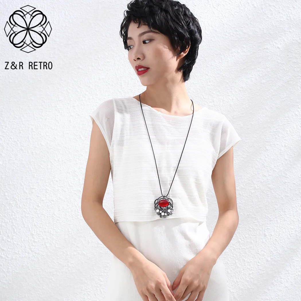 Ювелирные изделия Бусины из красной смолы Цветочные подвески Длинное ожерелье