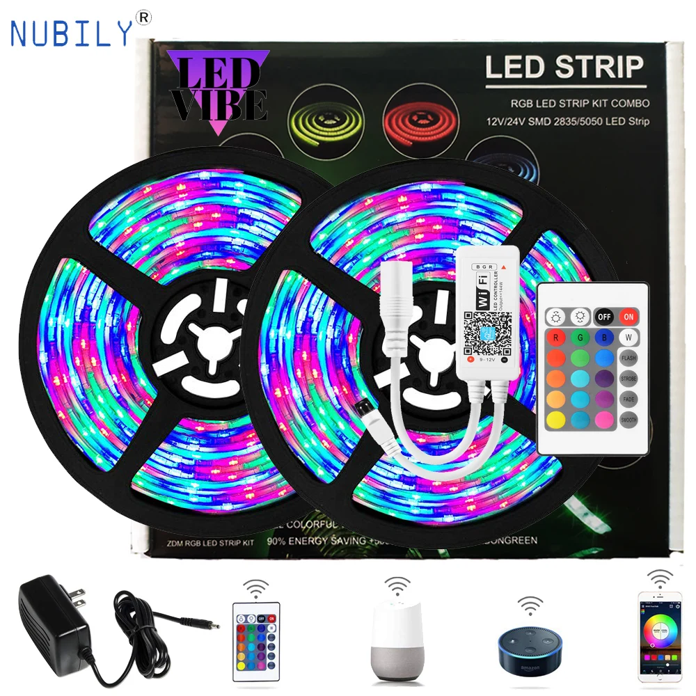 

10m smd2835 rgb wifi led strip home party light work with Alexa Google home music sync no waterproof smart strips 12V adapter