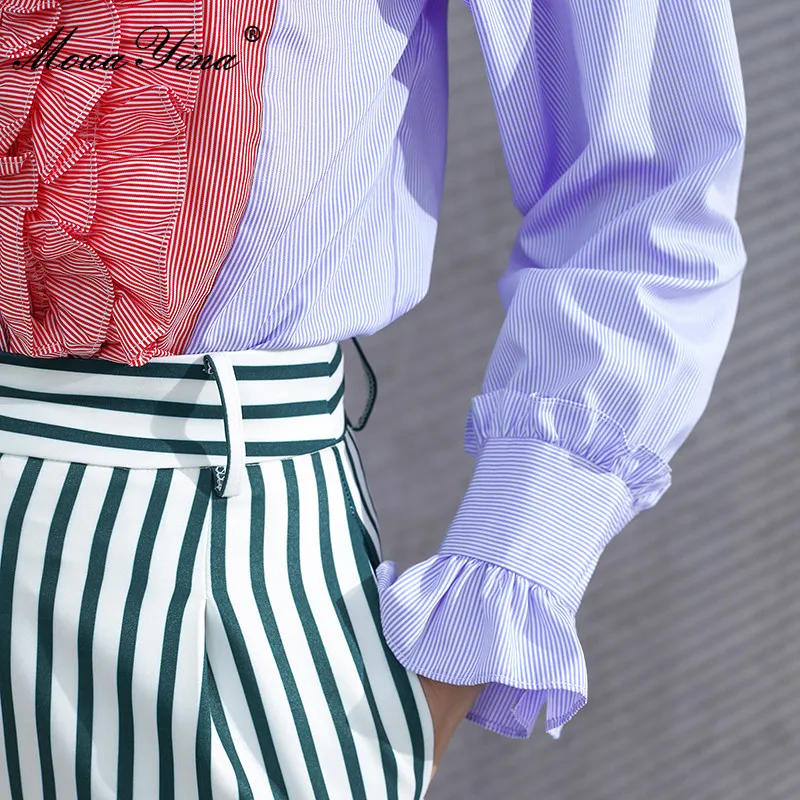 

MoaaYina Fashion Designer Set Women's Long sleeve Ruffles Blouses Tops+Blue and white porcelain Print Shorts Two-piece set