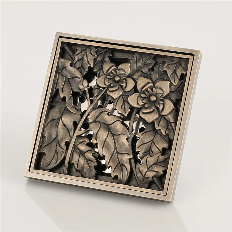 

Euro 4 inch Shower Drains Square Bath Drains Strainer Hair Antique Brass Art Carved Bathroom Floor Drain Waste Grate Drain