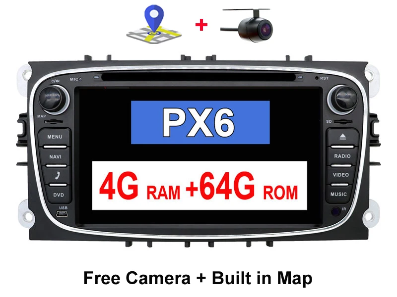 PX6 Black 4G 64G Автомагнитола 2 din Android 9,0 автомобильный dvd кассетный плеер для ford для focus 2 магнитофон gps навигация Wi-Fi руль 4G ram - Цвет: PX6 Black 4G 64G