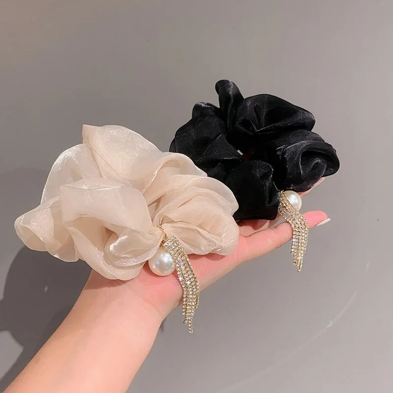 

New Pearl Tassel Large Intestine Hair Ring Women Elegant Net Yarn Stretchy Hair Ties Temperament Pearl Pendant Hair Rope