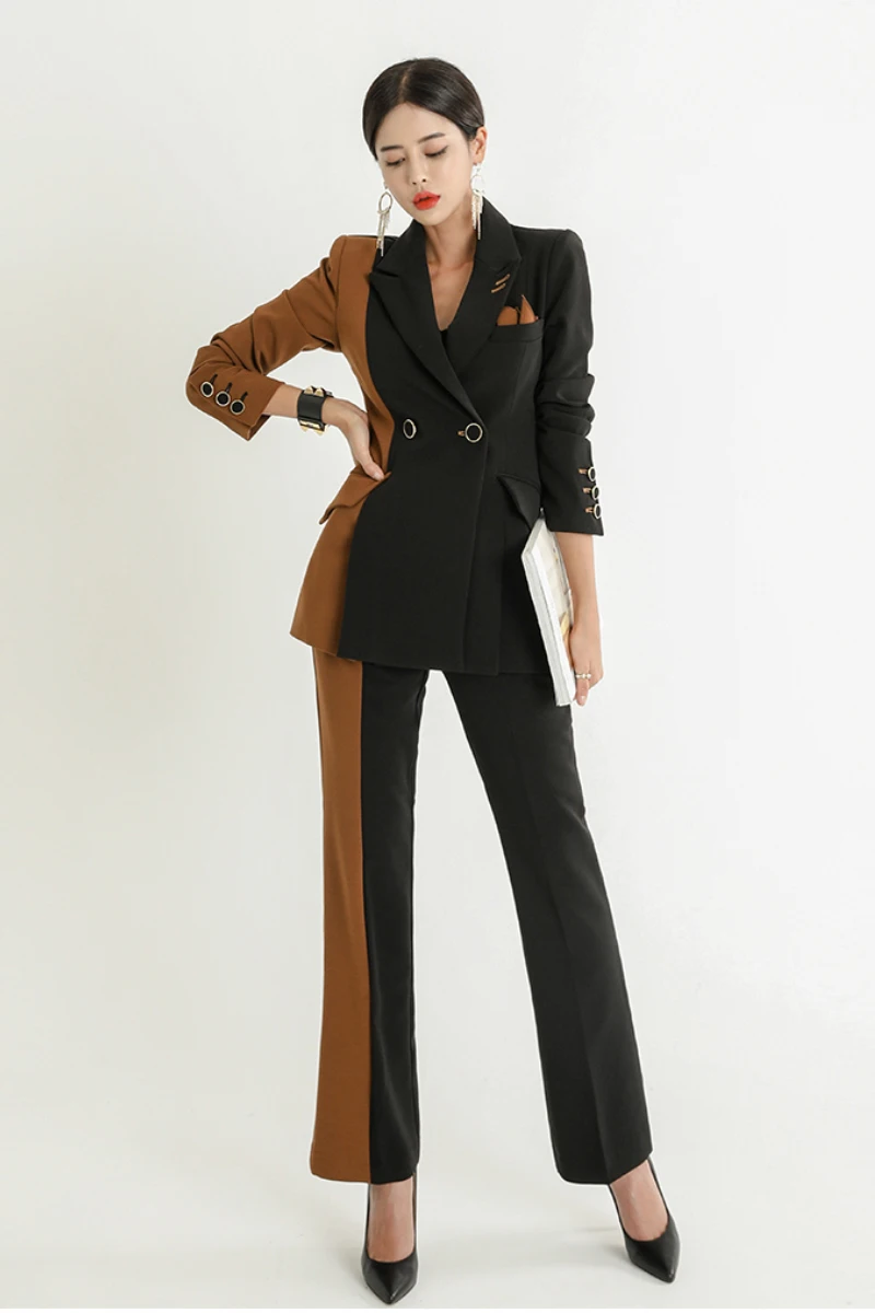Осень-зима 2019 корейский стиль лоскутные тонкий деловой блейзер + брюки 2 предмета