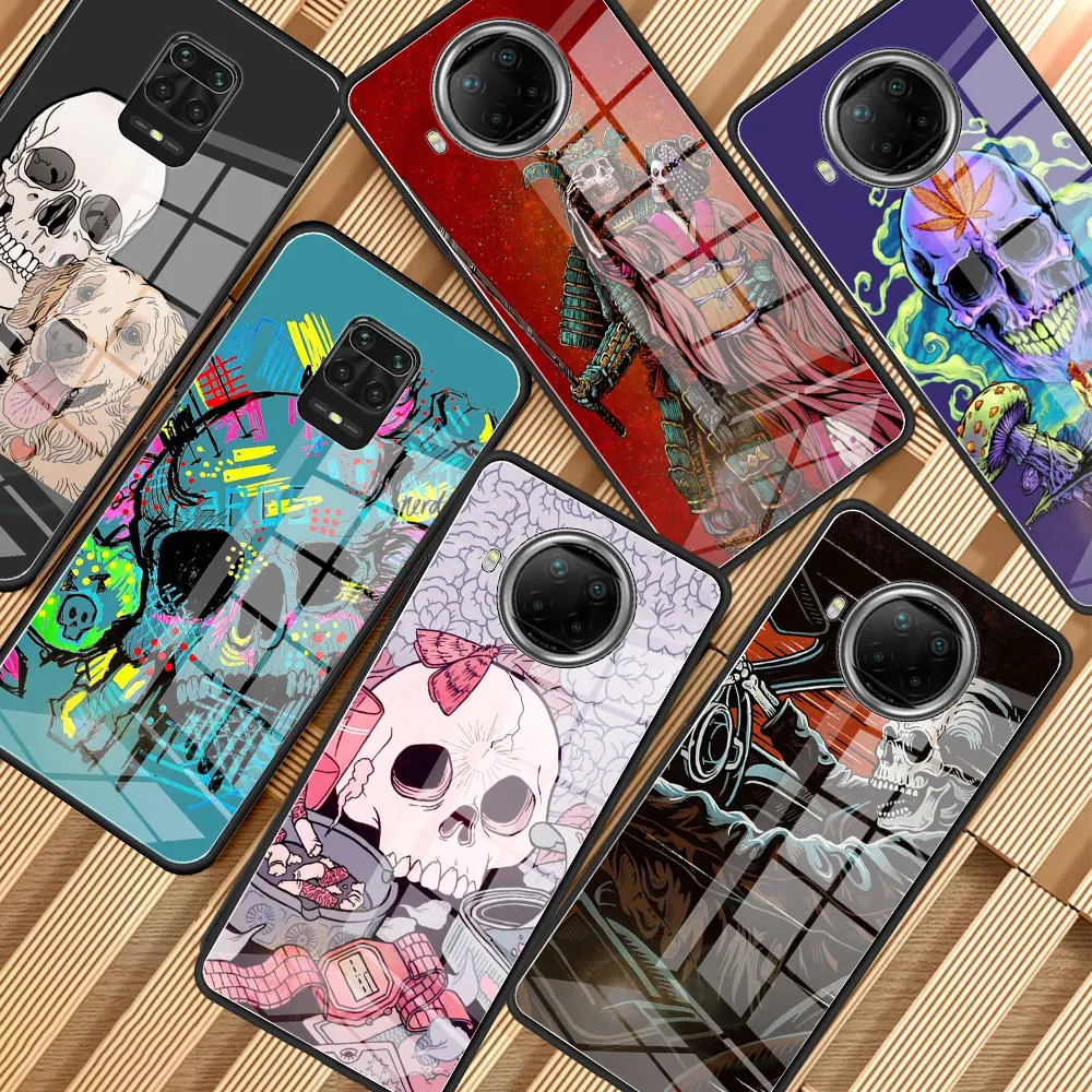 

Glass Phone Bag For Xiaomi Redmi Note 9S 8 9 10 Pro Max 8T 7 9C 9A 9T 8A K30 K40 Back Cover Bumper Grim Mower Skull Skeleton