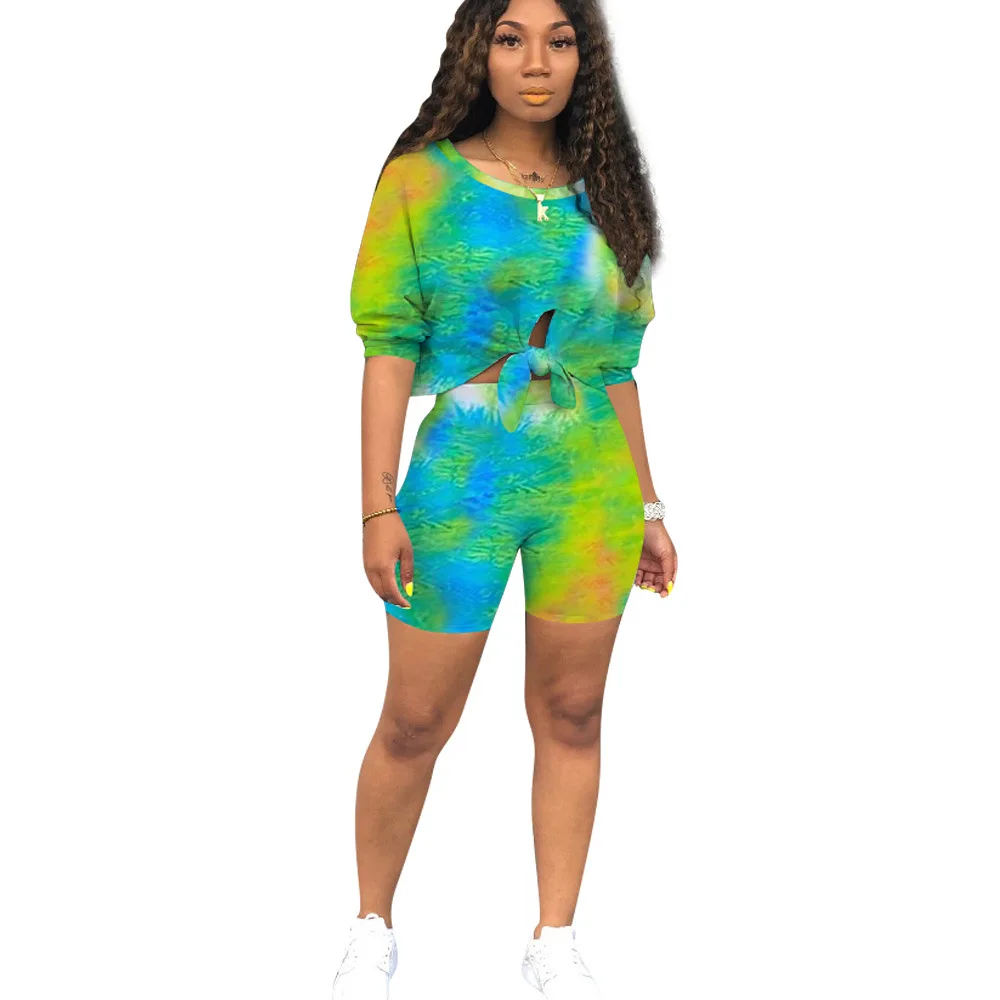

2020 Summer Women's Suit European and American Hot Style Model Tie-dye Print Lace Up Bow T-shirt & Biker Shorts Two Piece Set