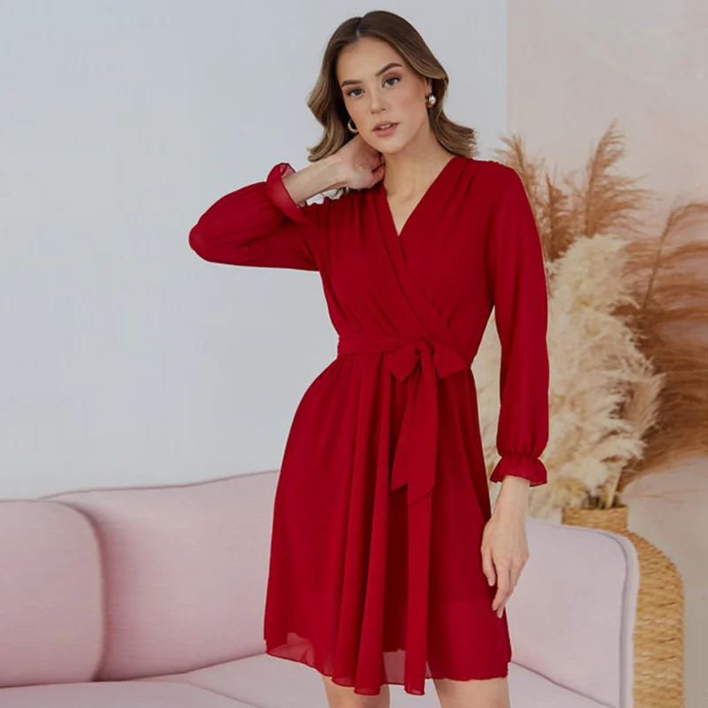 

Dabourfeel Chiffon Bow Tie Lace Up Robe Dress Long Sleeve High Waist Elegant Fashion Knee Dress For Party And Festival Charming