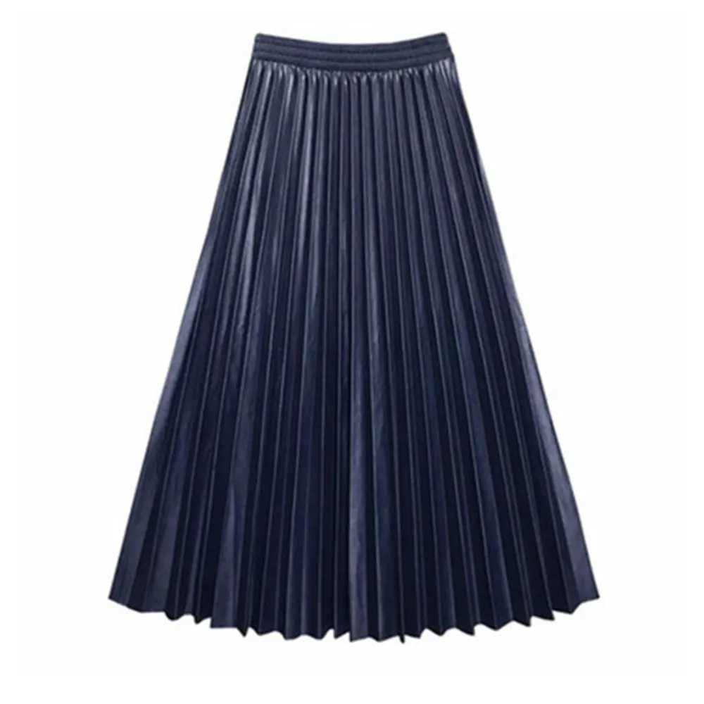 

Vintage Faux Leather A-line Pleated Long Skirts Summer Women 2022 Korean Skirt Streetwear Casual Elastic Waist Midi Skirt
