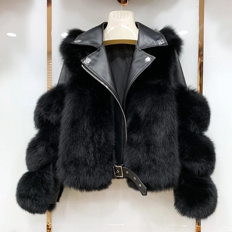Women Faux Fur Coat with Fox Fur Winter Fashion 2021 New Motocycle Style Luxury Fox Fur Leather Jackets Woman Trendy Overcoats