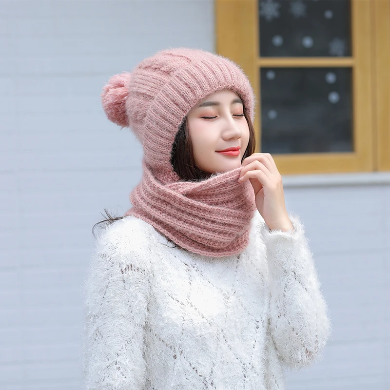 

Sweet lovely Snowflake Dots Knitted Hat And Mink Plush Scarf 2Pcs Set Winter Women's Hats Thick Warm Skullies Beanies Female Cap