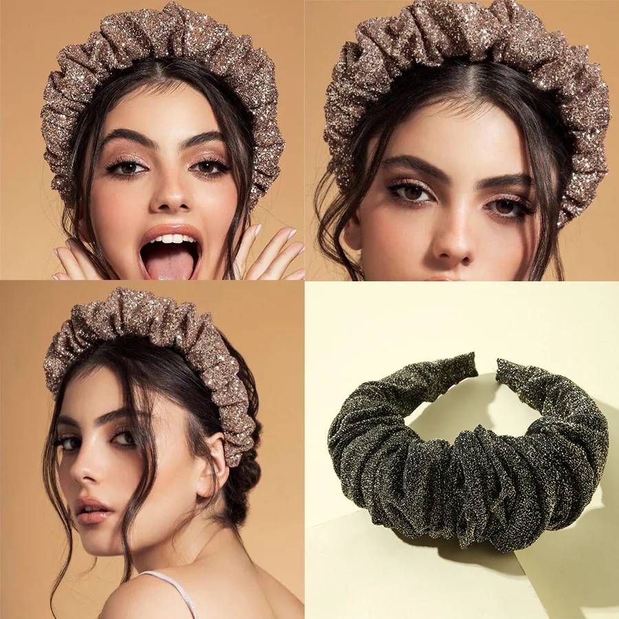 

Fashion Bronzing Cloth Headband for Women Shiny Folds Wide Sponge Lady Vintage Head Band