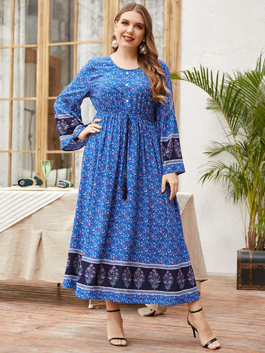 

Plus Size Maxi Dress for Women Blue Flower Summer Splicing Loose Casual Ethnic Dress Long Sleeve Arabic Muslim Islamic Clothes