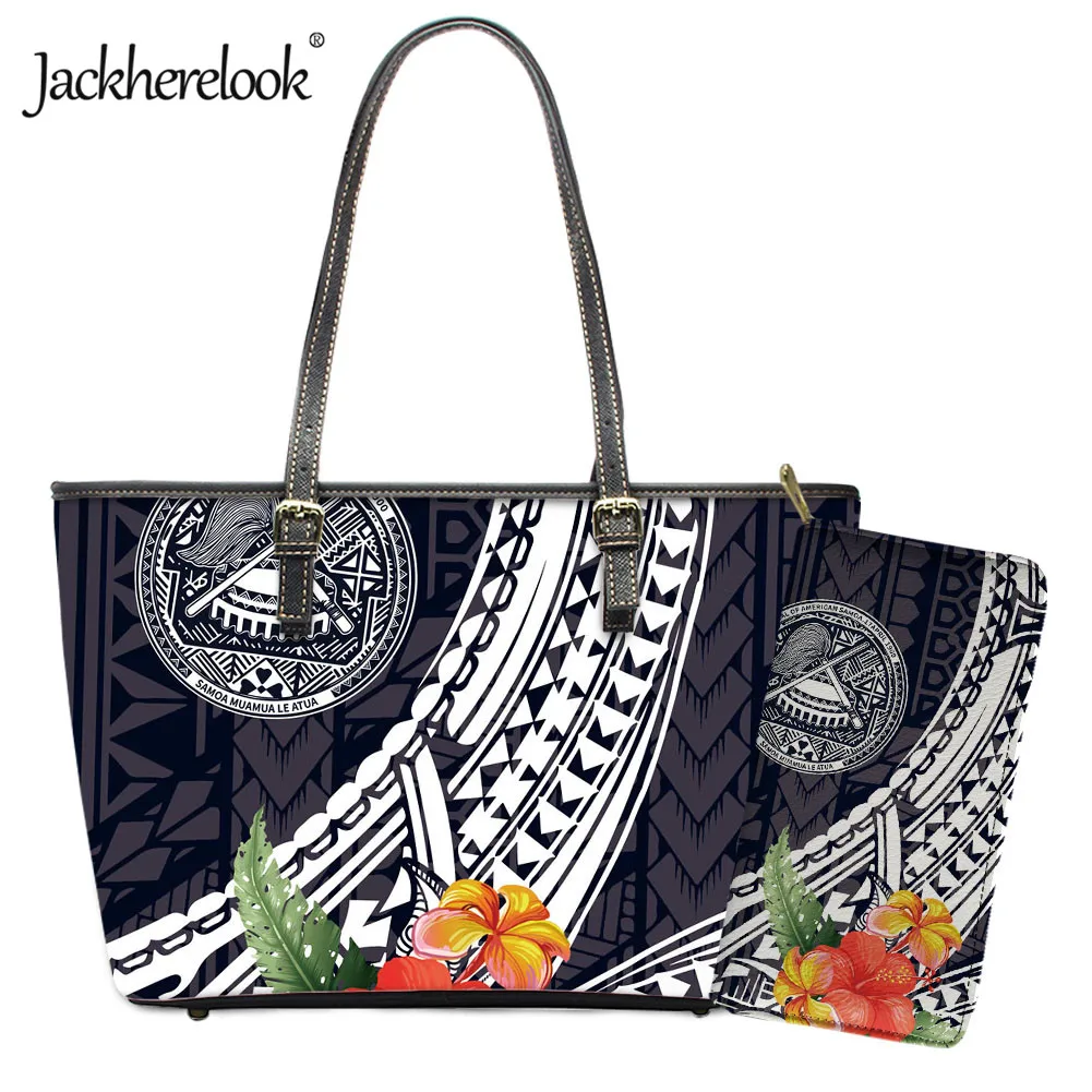 

Jackherelook Samoa Polynesian Floral Print Handbag Clutch Wallet 2pcs/Set Female Fashion Tote Shoulder Bag Luxury PU Handle Bag